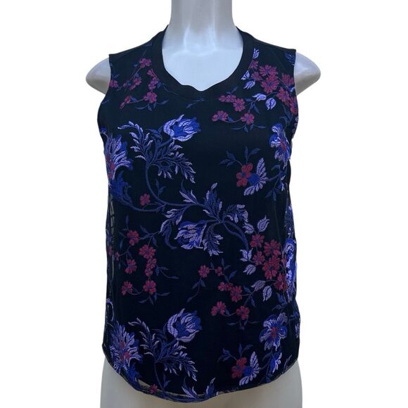 NWOT A New Day Blouse Small Black Sheer Embroidered Floral Sleeveless Lined - Picture 2 of 12